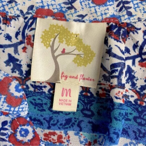 Fig And Flower Blue Red White Multi Print Boho tTie Front Semi Sheer Blouse M - Picture 3 of 15